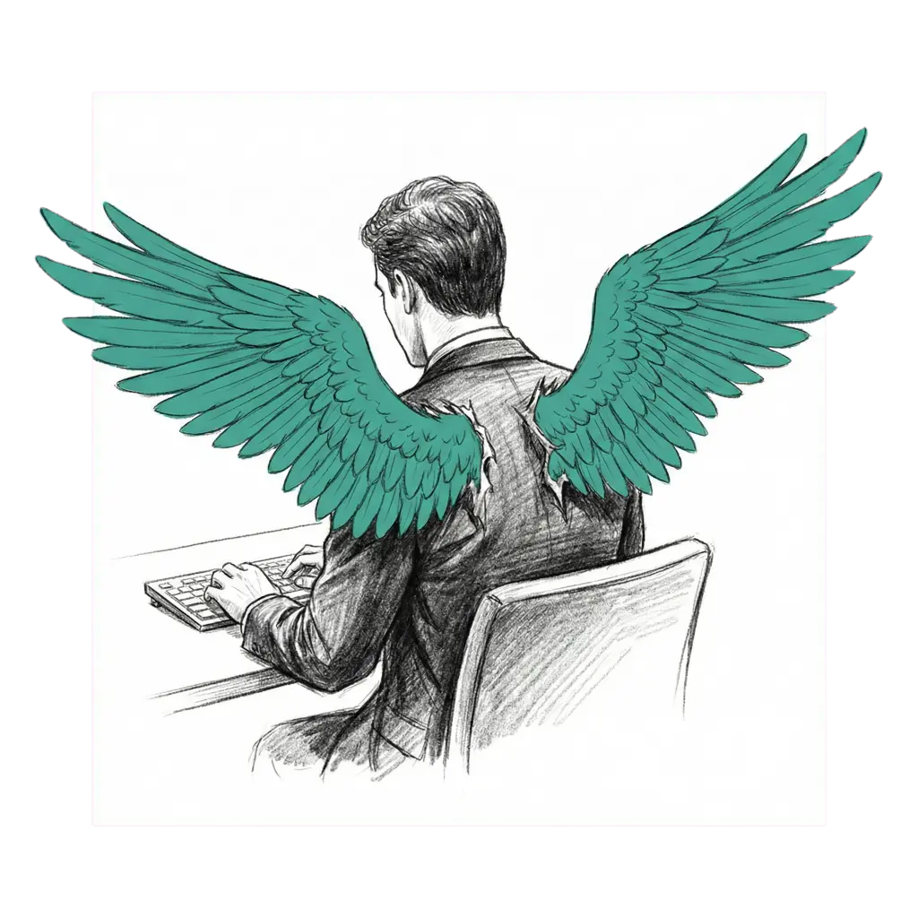 Profesional con alas — la IA te da alas, ilustración a carboncillo